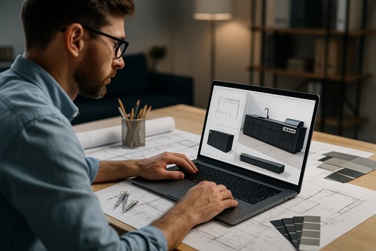 crea una imagen como fotografia profesional de un hombre arquitecto trabajando en su laptop haciendo un diseño de una outdoorkitchen color negra.