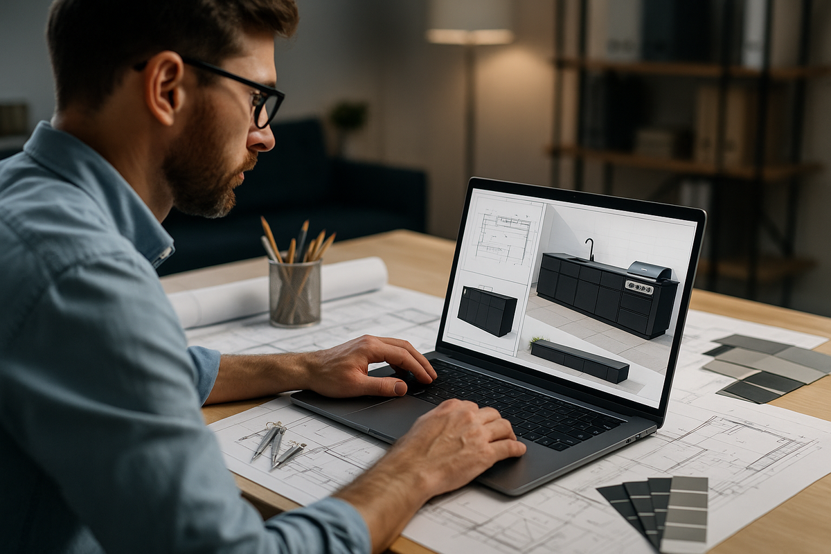 crea una imagen como fotografia profesional de un hombre arquitecto trabajando en su laptop haciendo un diseño de una outdoorkitchen color negra. 