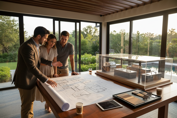 imagen hiperrealista de un arquitecto atendiendo a una pareja que quiere comprar su area de asador