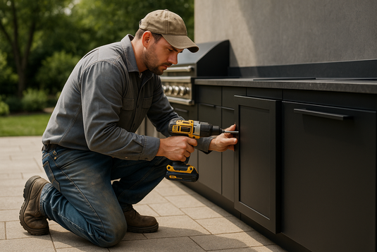Un hombre con ropa de construccion incado instalando a una cocina de exterior color negra, foto profesional hiperrealista